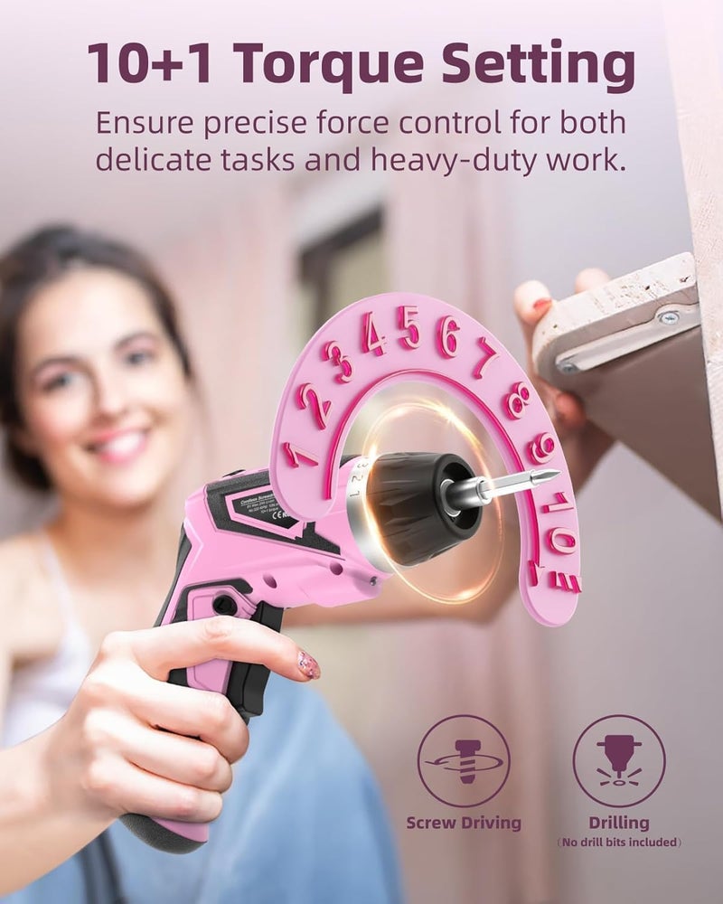 DuroFort Cordless Electric Screwdriver Set, 8V 10Nm Rechargeable Power Electric Drill, Battery Screw Gun with Driver Bit, 320RPM/10+1 Torque, 2 Position Handle, Flexible Shaft LED Light (Pink, 39Pcs) - Image 3